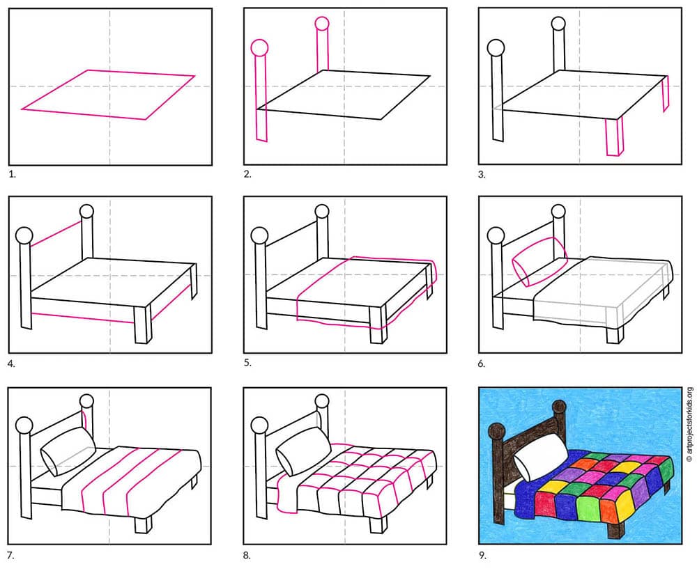 Easy How to Draw a Bed Tutorial and Bed Coloring Page