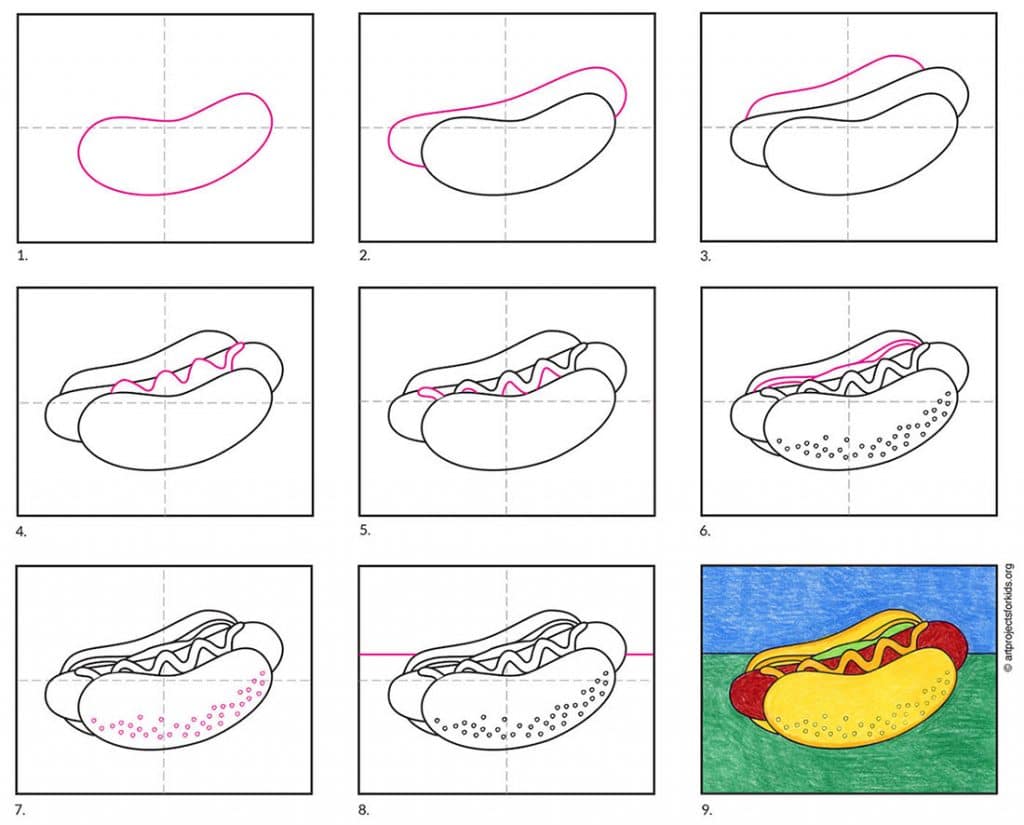 Preview of a step by step tutorial for how to draw a hot dog.