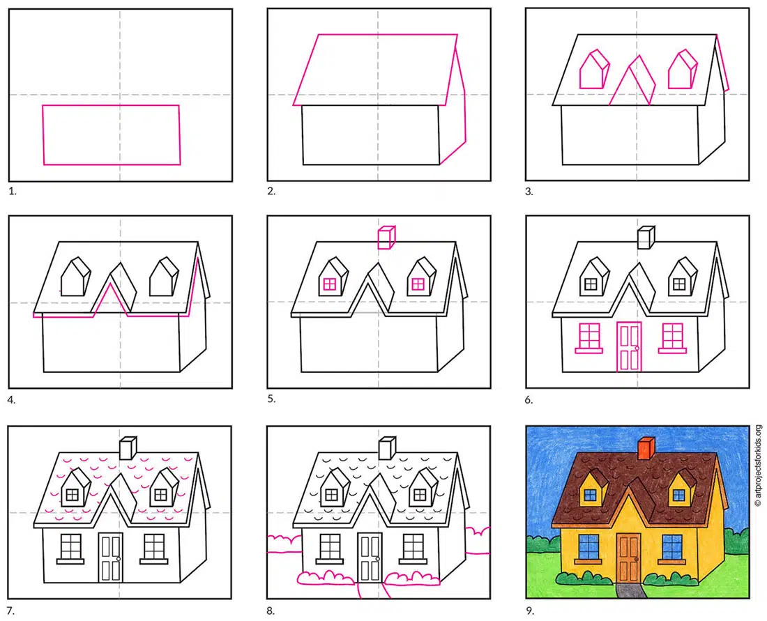 How to Draw a House Step by Step for Kids, Easy Drawing and Painting, KS...  | House drawing for kids, Easy drawings, Drawing pictures for kids