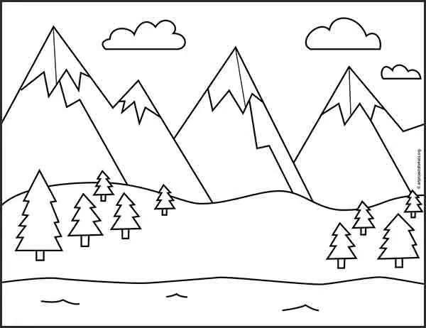 Pencil sketch of mountains with a stream and a horse-drawn wagon on Craiyon