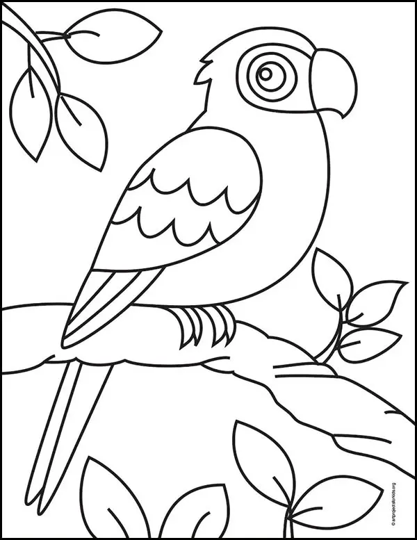Страница раскраски попугай, доступная для бесплатного скачивания.