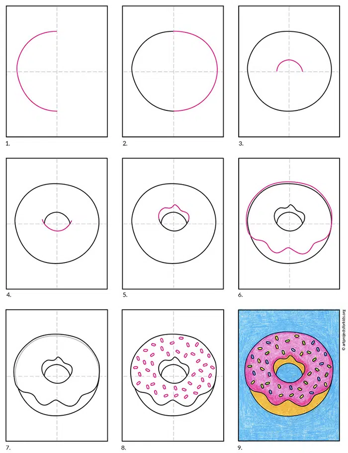 Пошаговое руководство по рисованию простого пончика, также доступное для бесплатной загрузки.