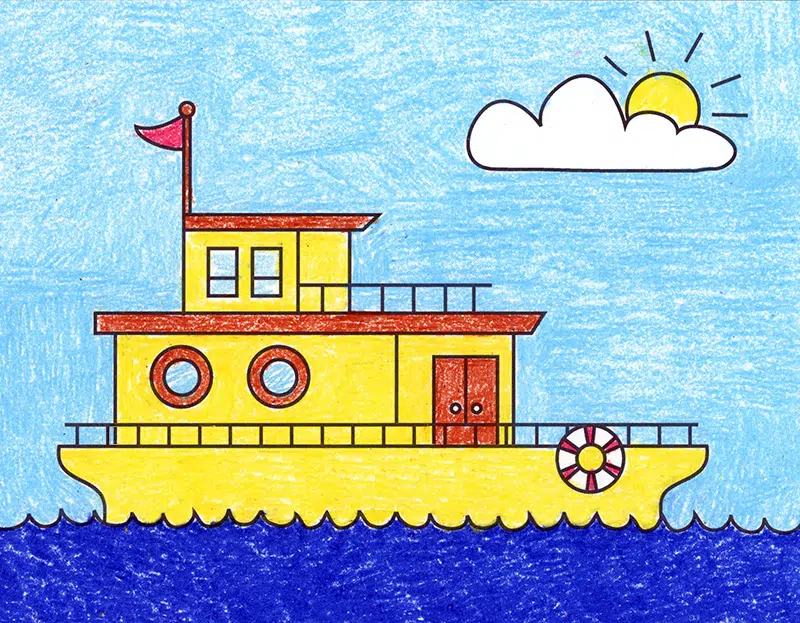 Easy How to Draw a Houseboat Tutorial and Houseboat Coloring Page