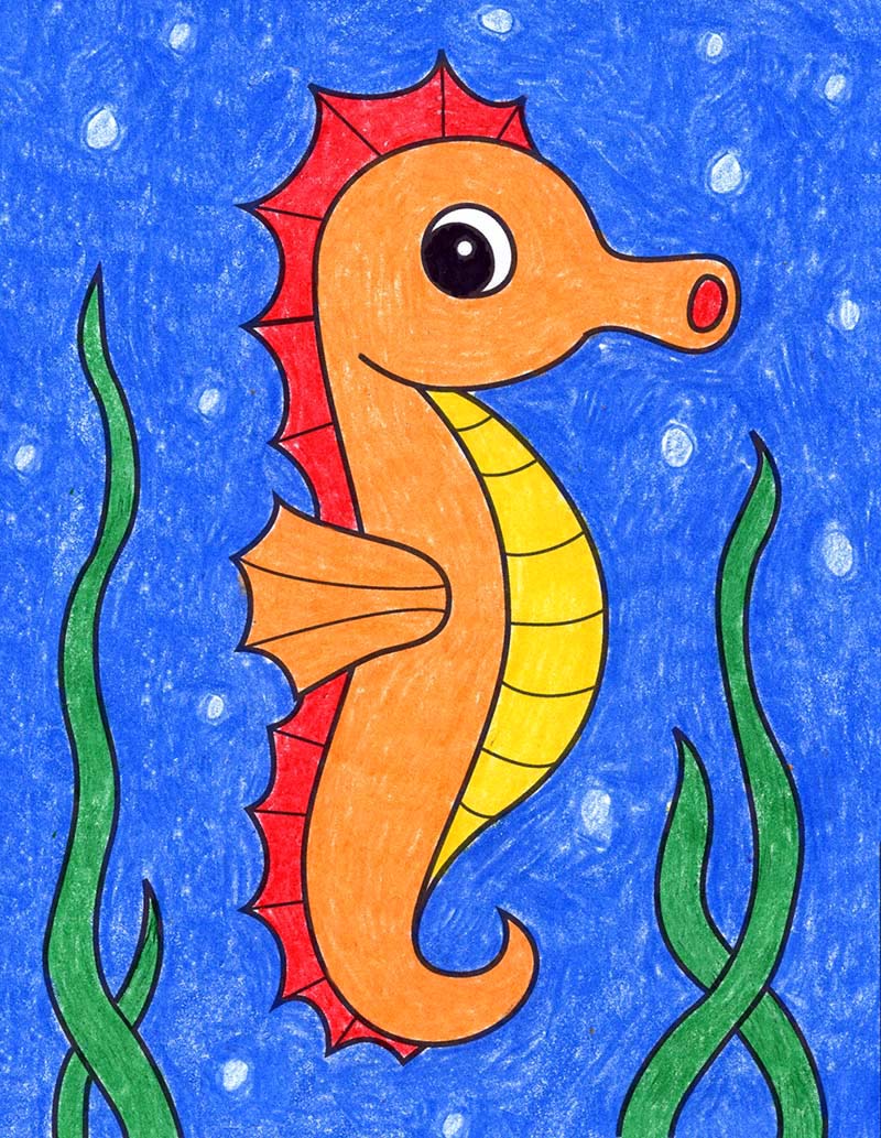 How to Draw an Easy Seahorse Tutorial, Seahorse Coloring Page