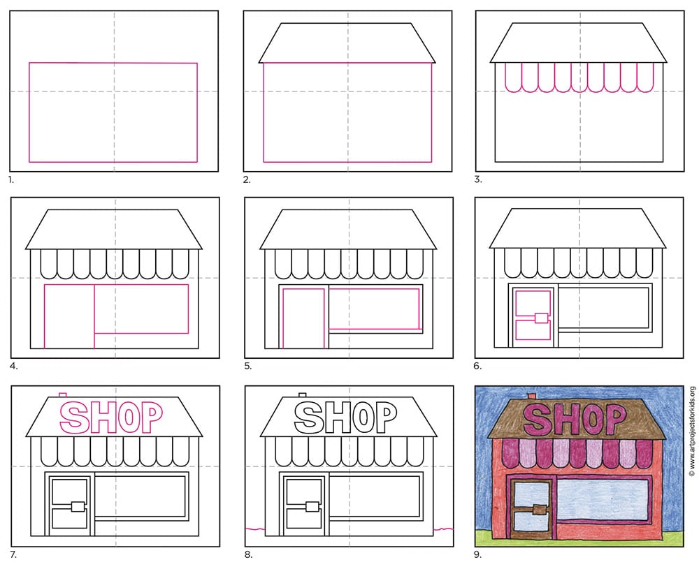 Easy How to Draw a Shop Tutorial · Art Projects for Kids