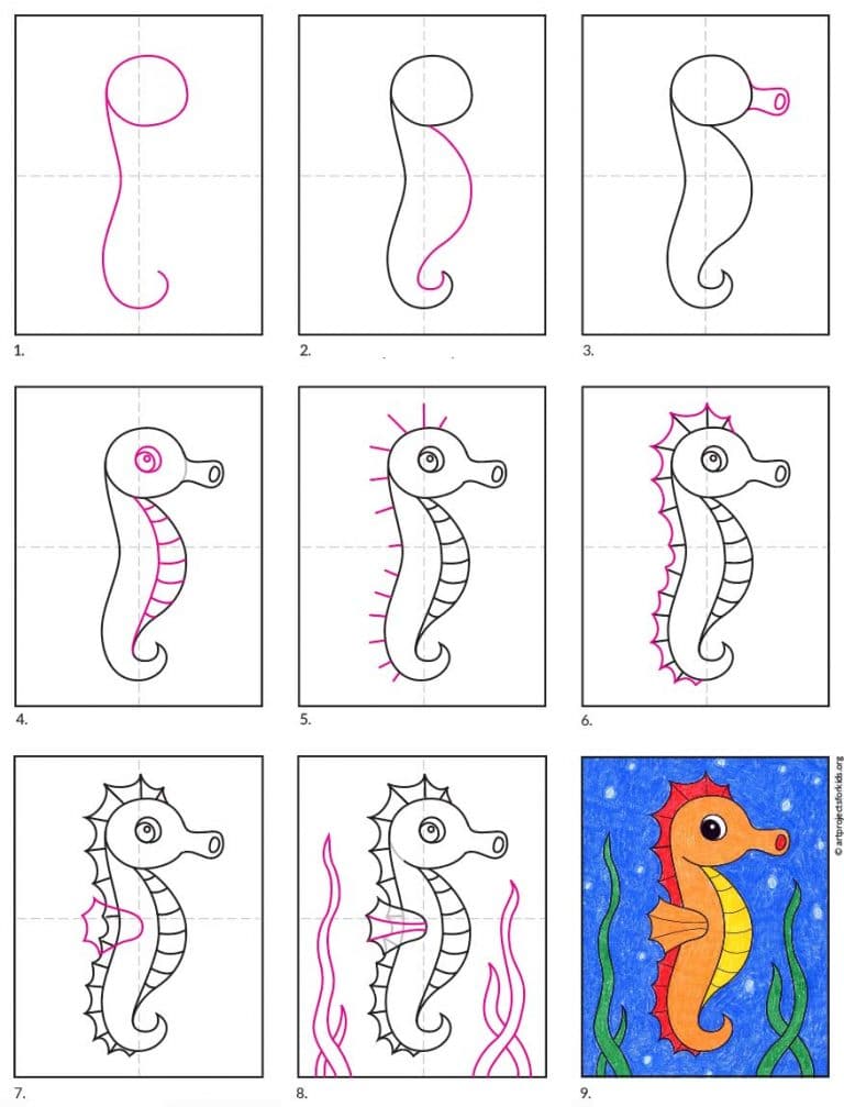 How to Draw an Easy Sea Horse | Easy Sea Horse Coloring Page