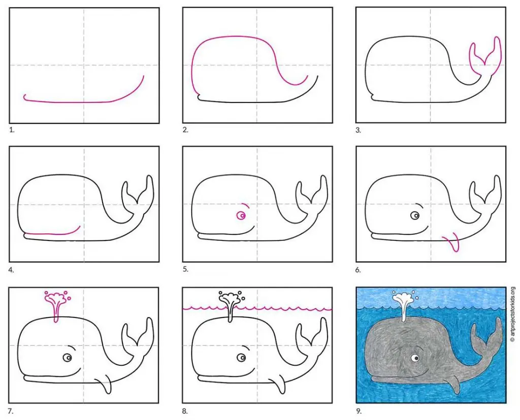 A step by step tutorial for how to draw an easy whale, also available as a free download.