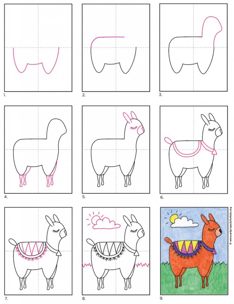 Preview of the step by step draw an Alpaca tutorial. 