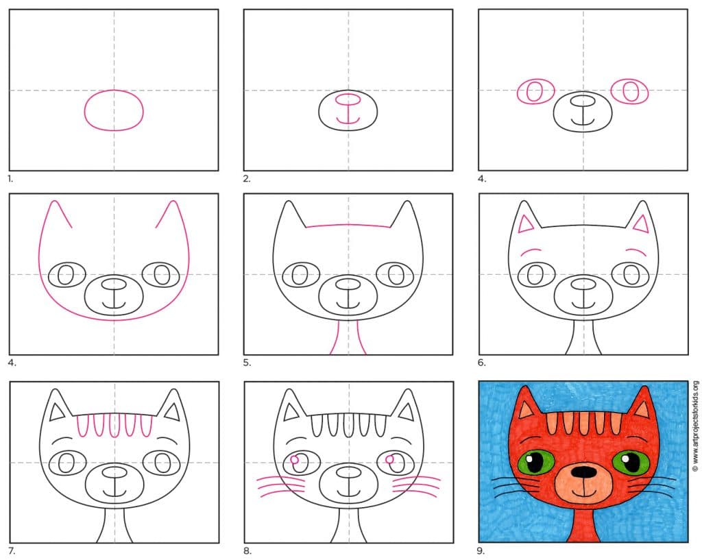 Easy How to Draw a Cartoon Cat Face Tutorial and Coloring Page