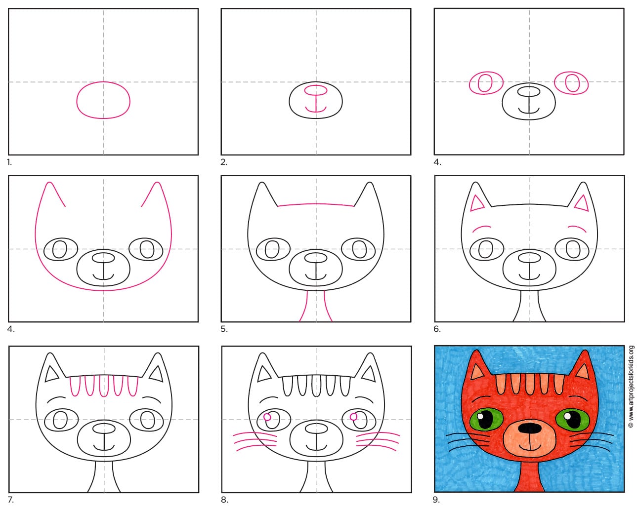 Easy How to Draw a Cartoon Cat Face Tutorial · Art Projects for Kids
