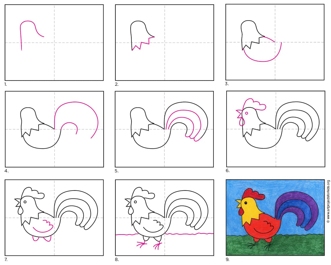 How to Draw a Rooster Step by Step Drawing Lessons for Kids — JINZZY