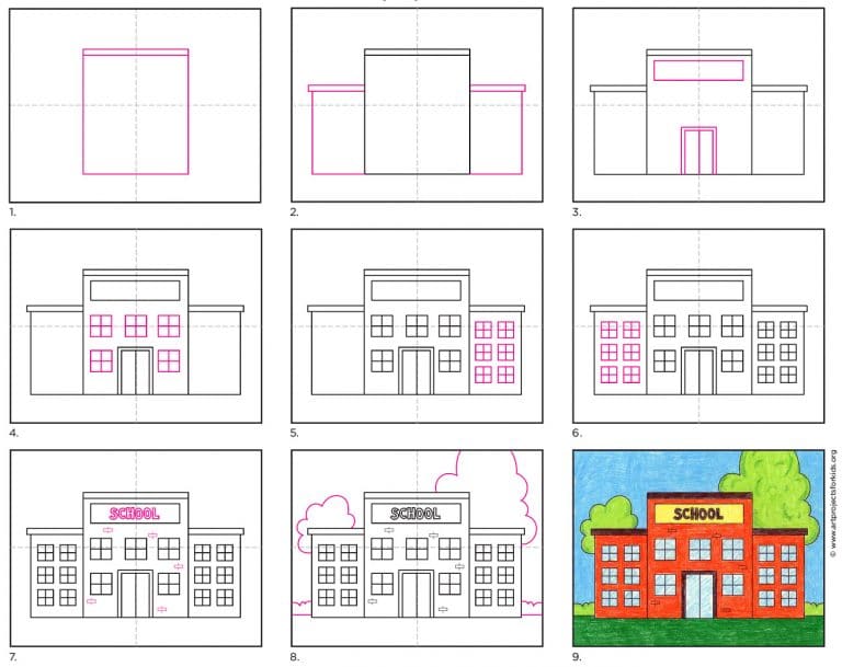 Easy How to Draw a School Tutorial Video and Coloring Page
