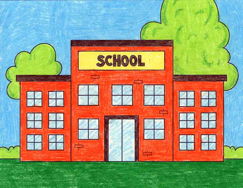 A drawing of a school, made with the help of an easy step by step tutorial.
