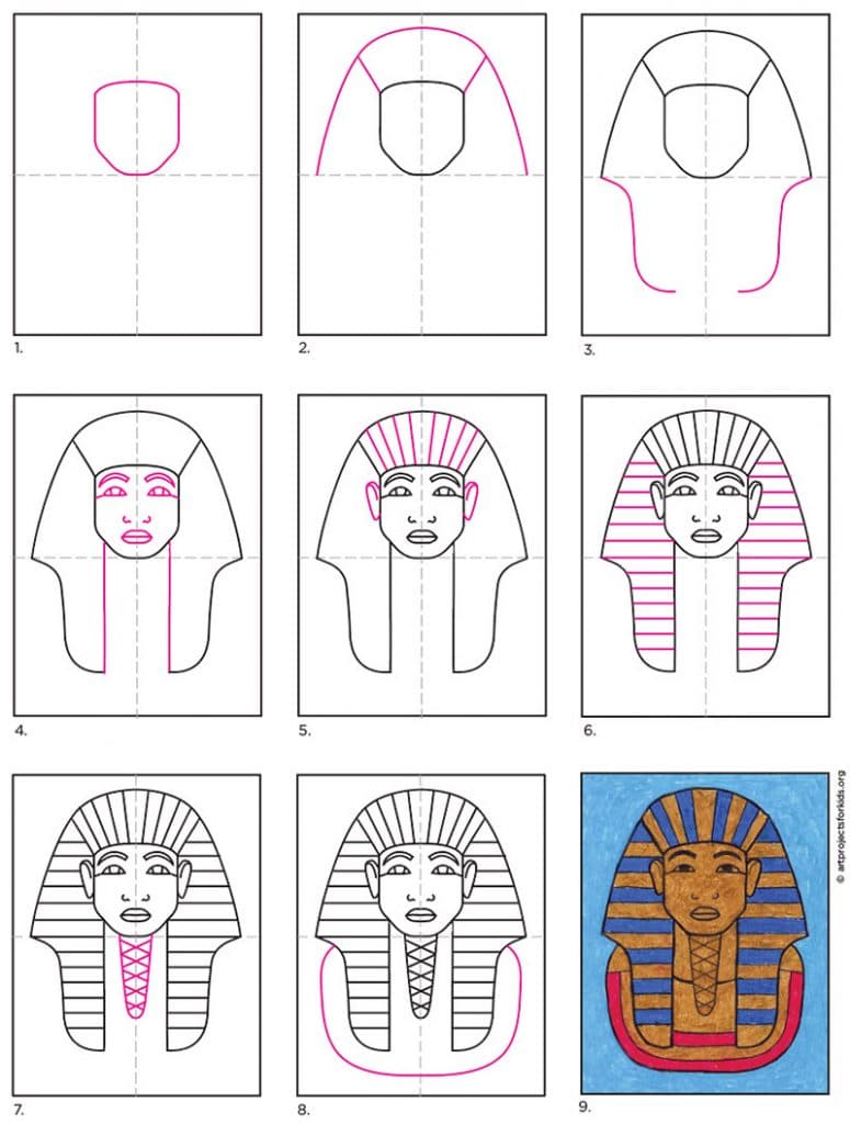 A step by step tutorial for how to draw an easy King Tut, also available as a free download.