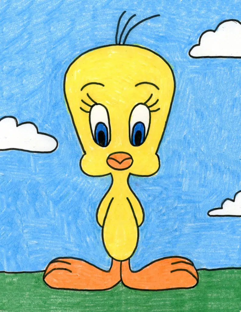 A drawing of Tweety Bird, made with the help of an easy step by step tutorial.