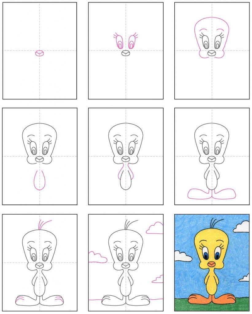 A step by step tutorial for how to draw an easy Tweety Bird, also available as a free download.