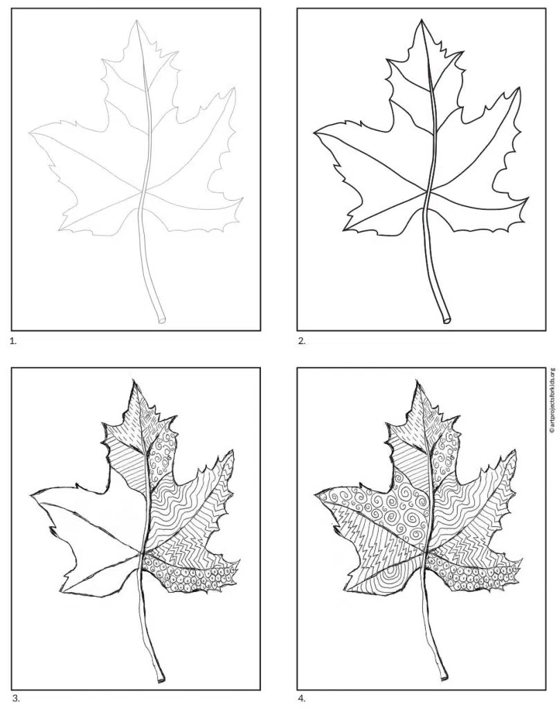An easy art project that starts with a line drawing of a maple leaf. Trace and fill with patterns for a lovely work of art.