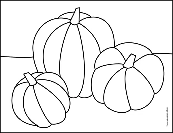 Pumpkin Coloring Page with three overlapping pumpkins. Come visit for your free download.