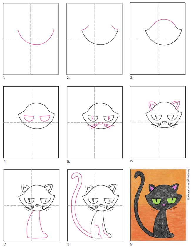 A step by step tutorial for how to draw an easy cartoon cat, also available as a free download.