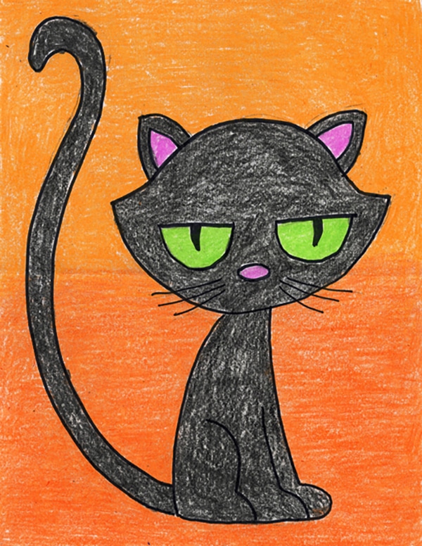 A drawing of a cartoon cat, made with the help of an easy step by step tutorial.
