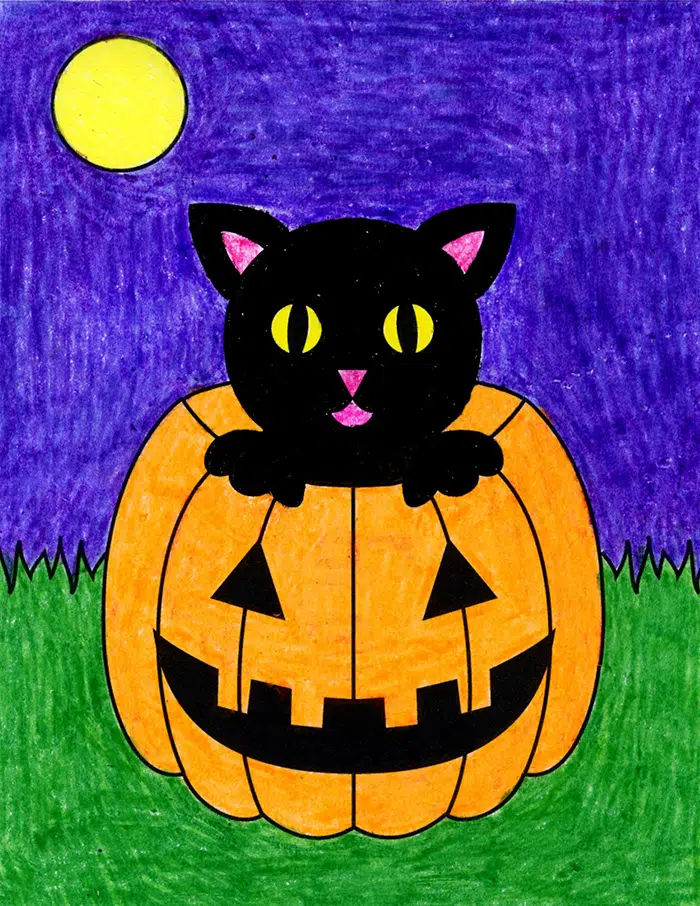 A drawing of a Halloween Cat, made with the help of an easy step by step tutorial.
