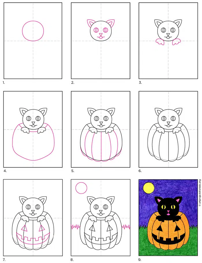 A step by step tutorial for how to draw an easy Halloween Cat, which is available as a free download.