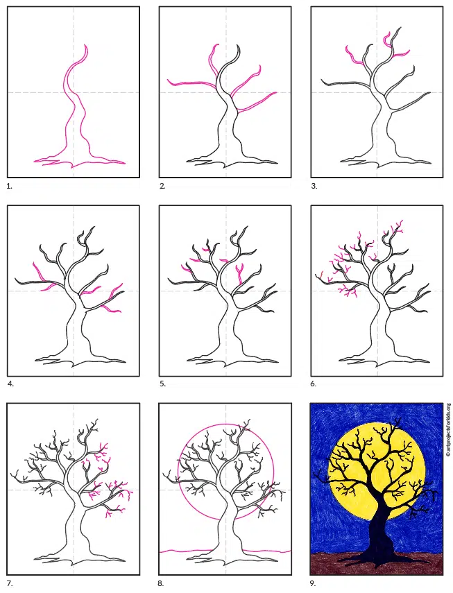A step by step tutorial for how to draw an easy scary tree, also available as a free download.