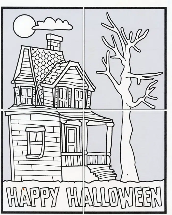 A free halloween printable, the diagram for a mini Haunted House mural.