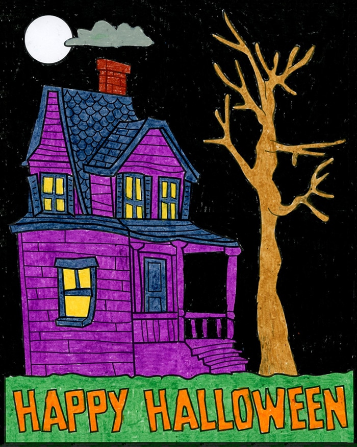 A free halloween printable, a template for a mini Haunted House mural.