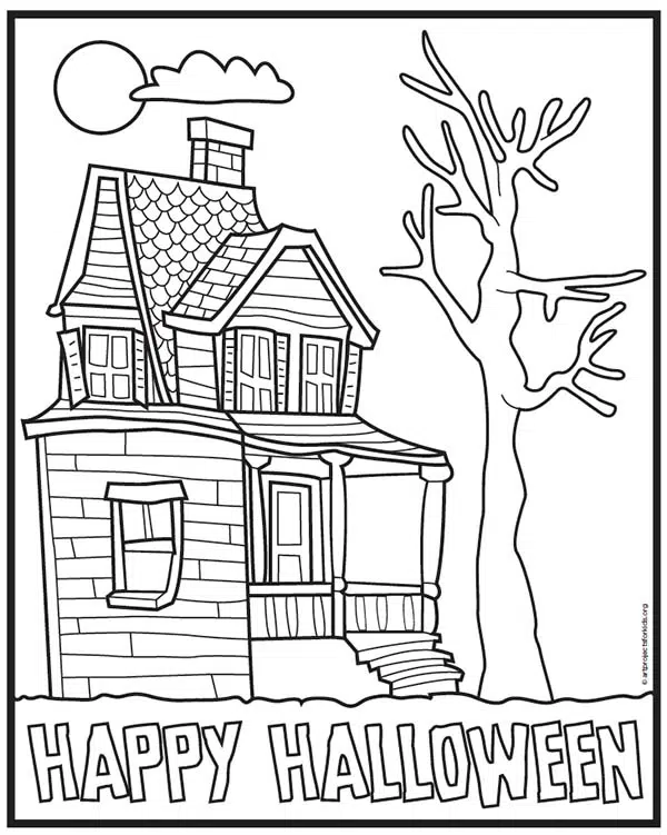 Free Halloween Printable, a drawing of a Haunted House.