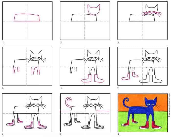 A step by step tutorial for how to draw Pete the Cat, also available as a free download.
