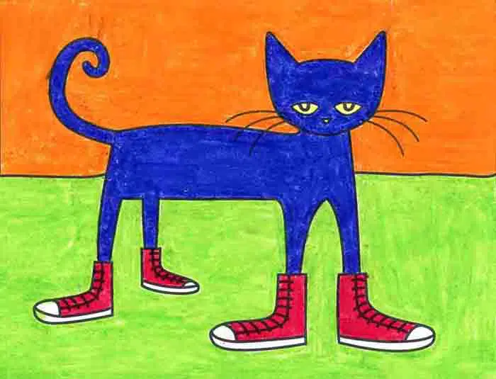 A drawing of Pete the Cat, made with the help of an easy step by step tutorial.