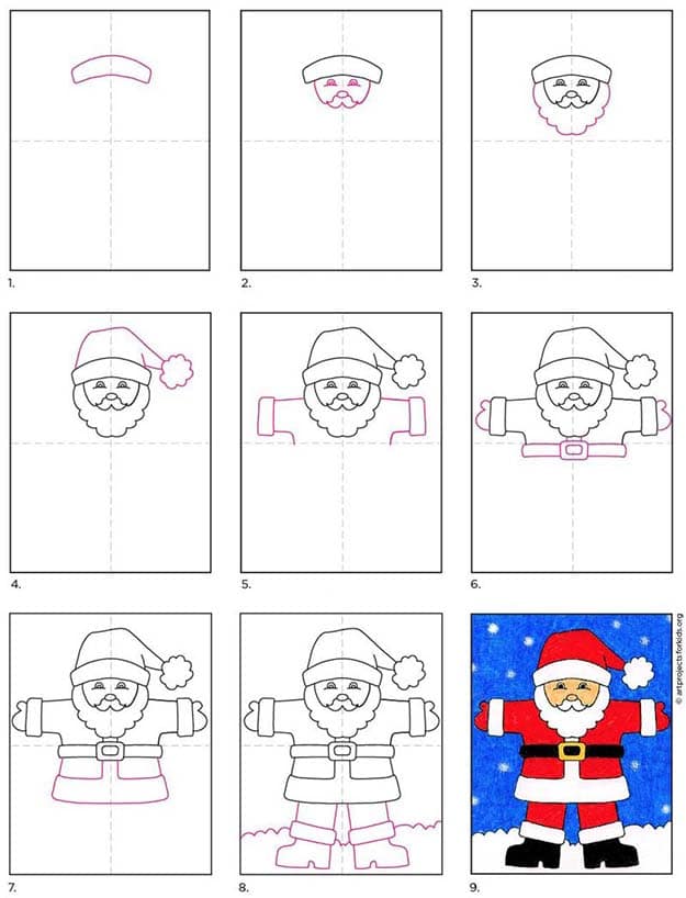A step by step tutorial for how to draw an easy Santa, also available as a free download.