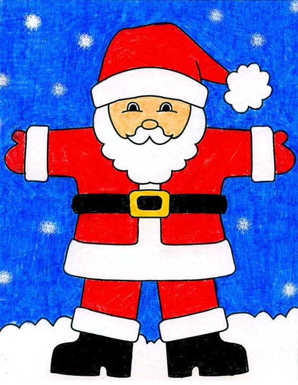 A drawing of Santa, made with the help of an easy step by step tutorial.