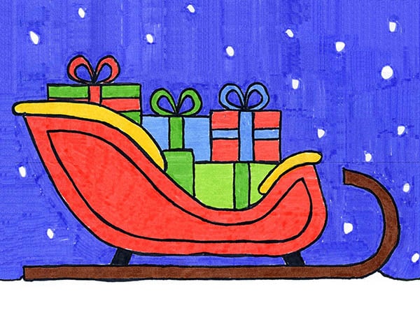 A drawing of Santa’s Sleigh, made with the help of an easy step by step tutorial.
