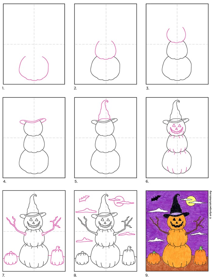 A step by step tutorial for how to draw an easy Stacked Pumpkins, also available as a free download.