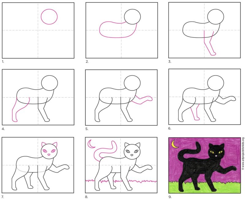 Easy How to Draw a Black Cat Tutorial & Black Cat Coloring Page