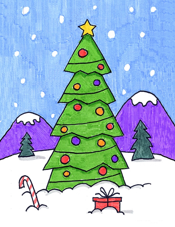 Easy How to Draw a Christmas Tree Tutorial Video, Coloring Page