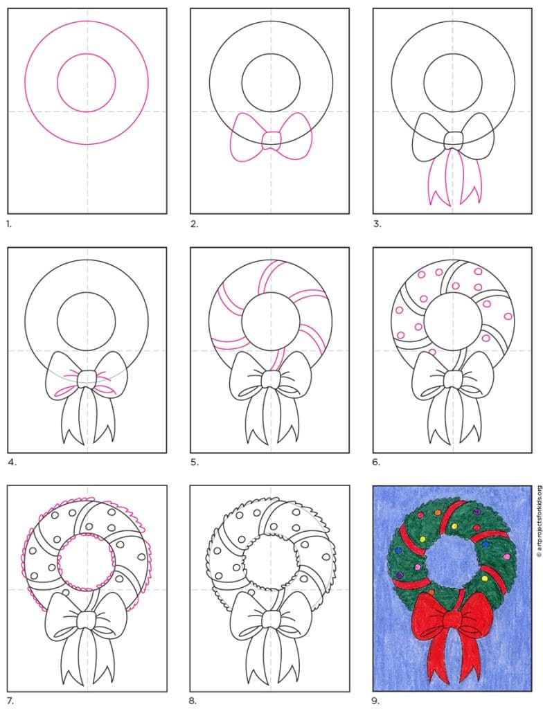  A step by step tutorial for how to draw an easy Wreath, also available as a free download.