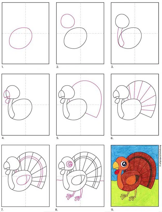 A step by step tutorial for how to draw a cute turkey, also available as a free download.