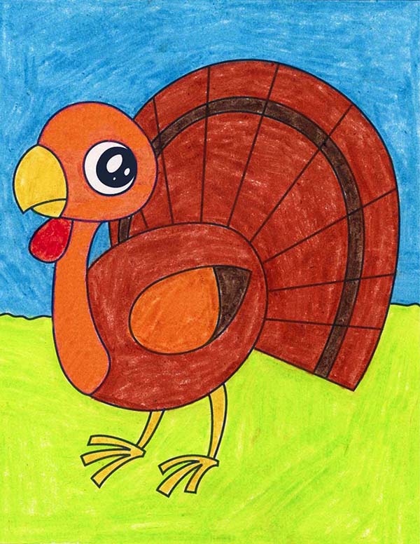 A drawing of a cute turkey, made with the help of an easy step by step tutorial.