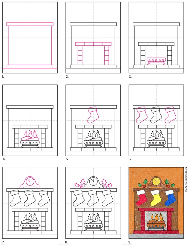 A step by step tutorial for how to draw an easy fireplace, also available as a free download.