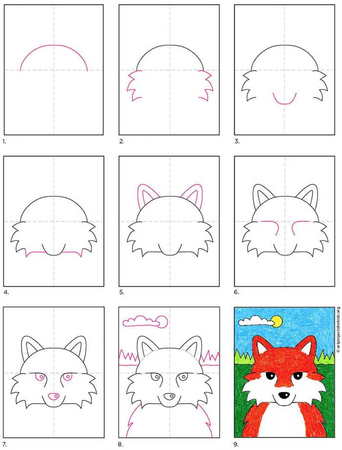 A step by step tutorial for how to draw an easy fox face, also available as a free download.
