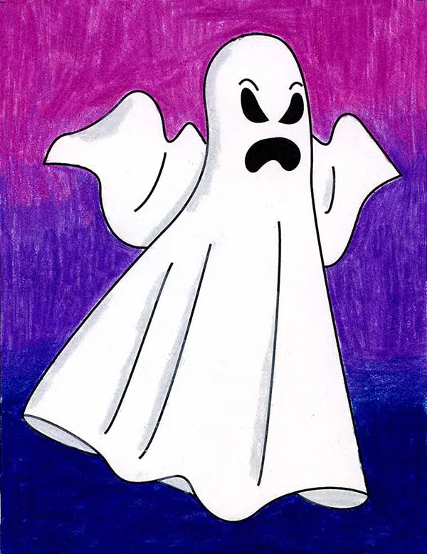 A drawing of a ghost, made with the help of an easy step by step tutorial. 