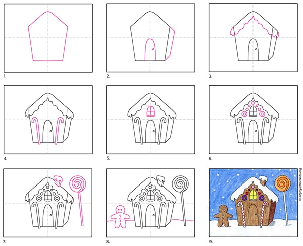 A step by step tutorial for how to draw an easy Gingerbread House, also available as a free download.