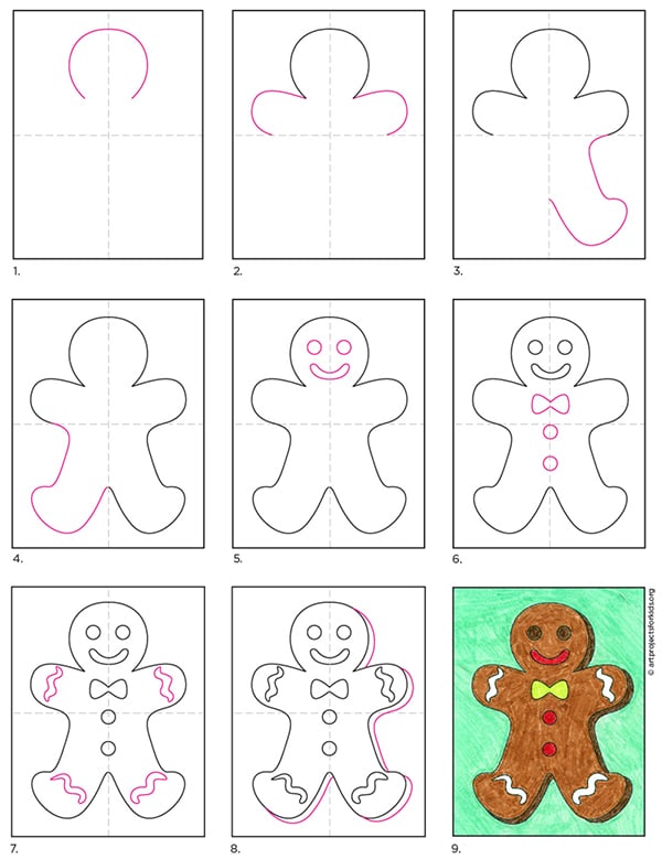 A step by step tutorial for how to draw an easy Gingerbread Man, also available as a free download.