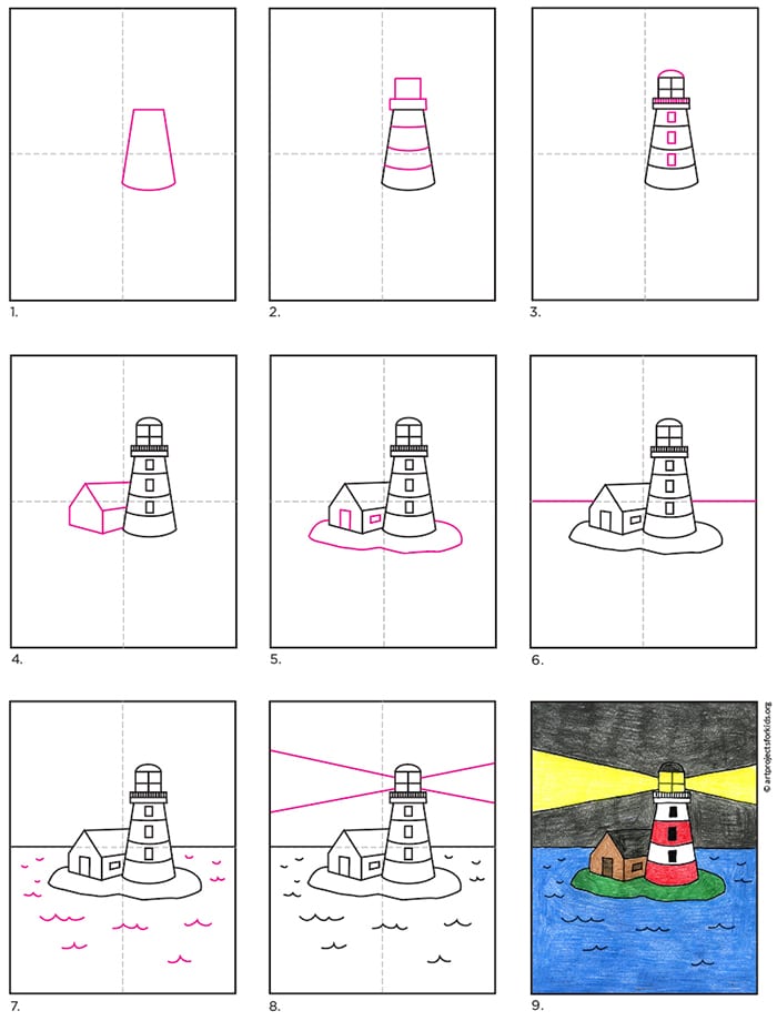 Hướng dẫn từng bước về cách vẽ một ngọn hải đăng dễ dàng.