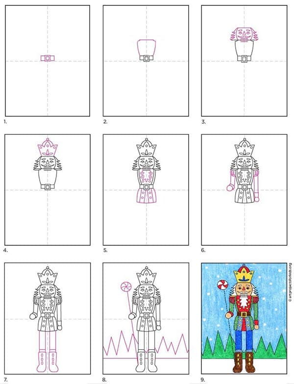 A step by step tutorial for how to draw an easy Nutcracker, also available as a free download.