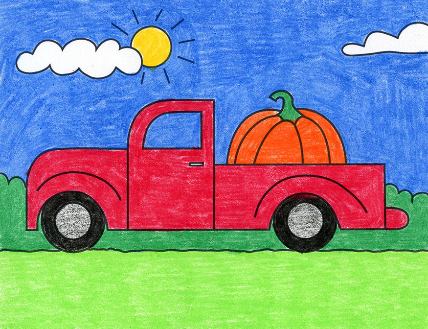 A drawing of a pickup truck, made with the help of an easy step by step tutorial.