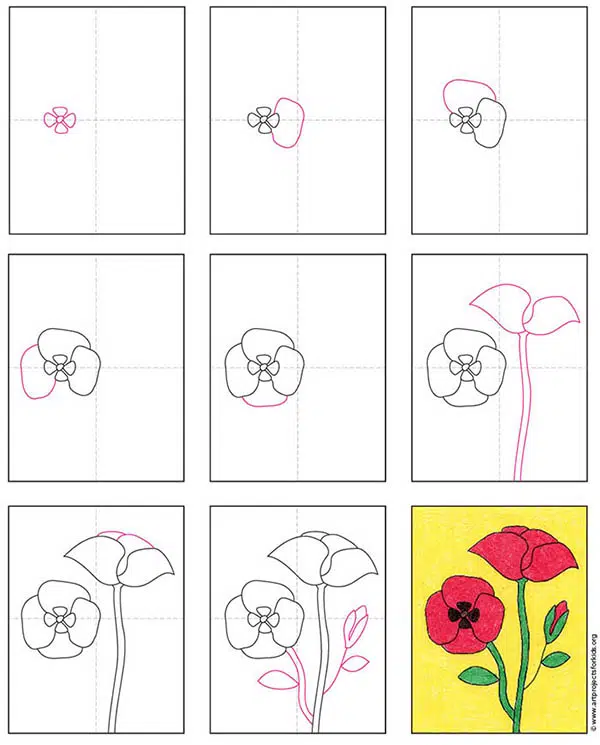 A step by step tutorial for how to draw an easy poppy, also available as a free download.